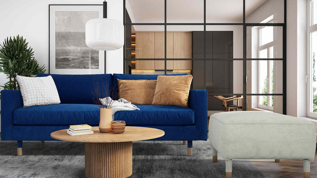 Modern living room with IKEA Morabo sofa in Classic Velvet Cobalt and Performance Weave Stone slipcover
