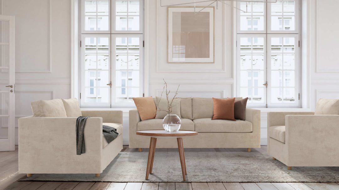 Modern Victorian living room with IKEA Morabo sofa in Performance Weave Cream and Comfort Chenille Burnt Orange slipcover