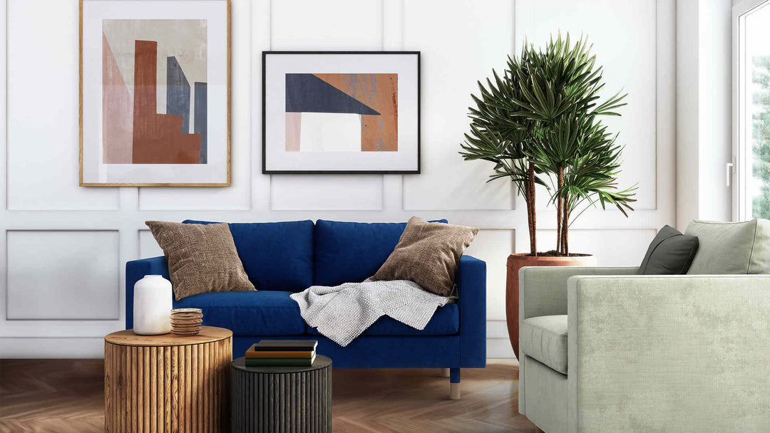 Modern Victorian living room with IKEA Morabo sofa in Classic Velvet Cobalt and Performance Weave Stone slipcover