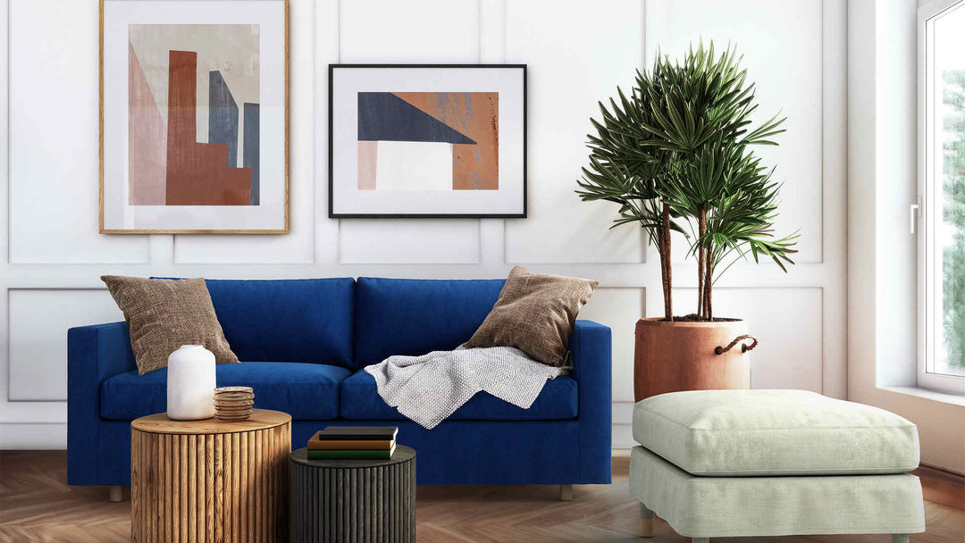 Modern Victorian living room with IKEA Morabo sofa in Classic Velvet Cobalt and Performance Weave Stone slipcover