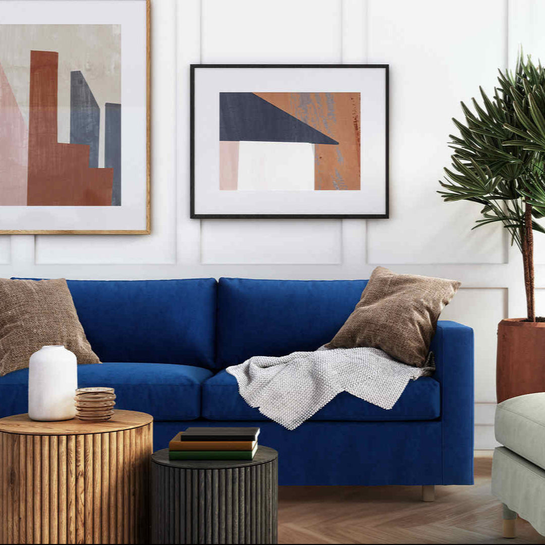 Modern Victorian living room with IKEA Morabo sofa in Classic Velvet Cobalt and Performance Weave Stone slipcover