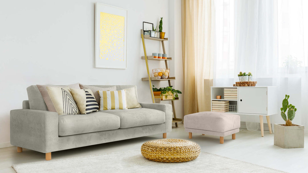 Bohemian living room with Muji Wide Arm sofa in Performance Weave Stone and Performance Weave Cream slipcover