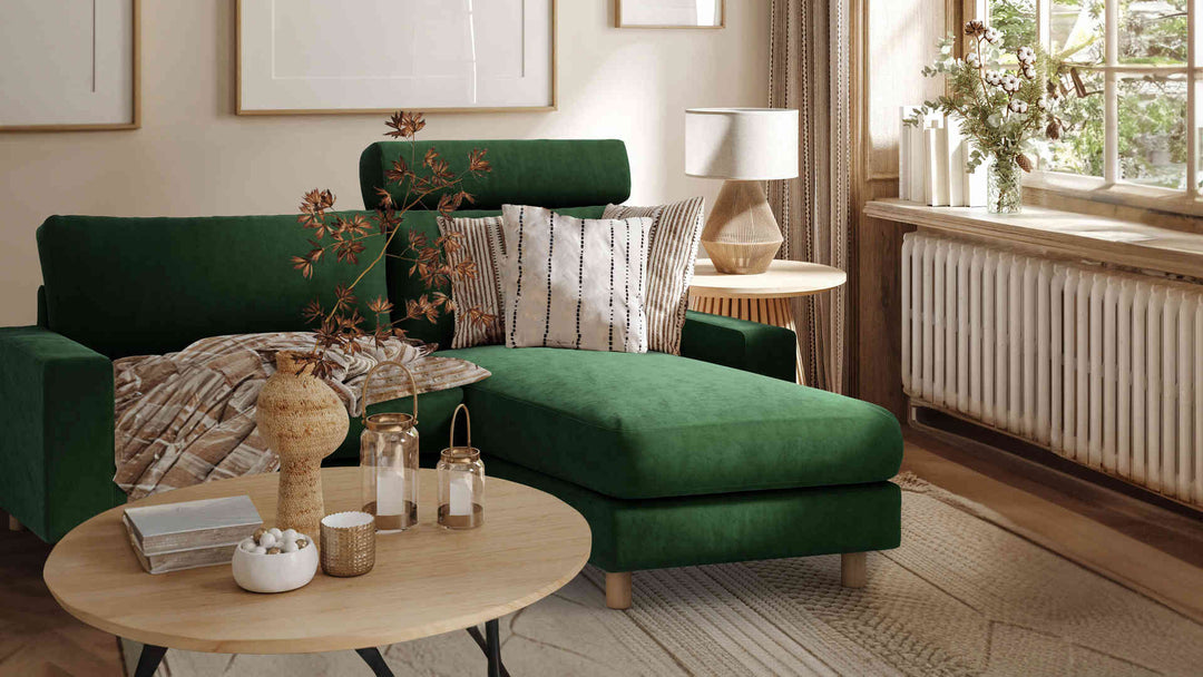Nordic Minimalist living room with Muji Wide Arm sofa in Classic Velvet Forest Green slipcover