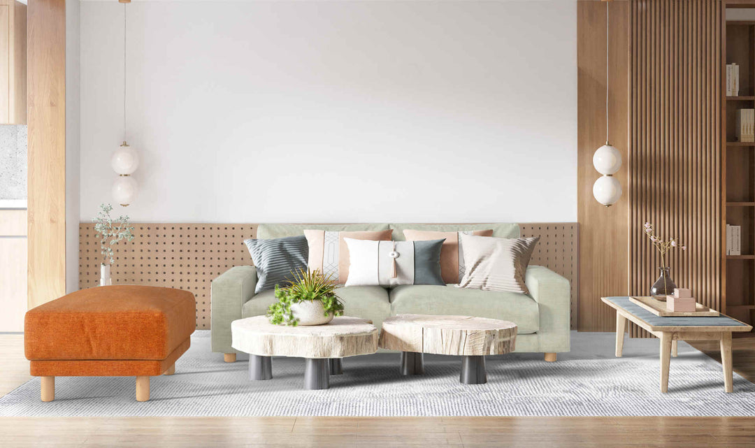 Modern living room with Muji Wide Arm sofa in Performance Weave Stone and Comfort Chenille Burnt Orange slipcover