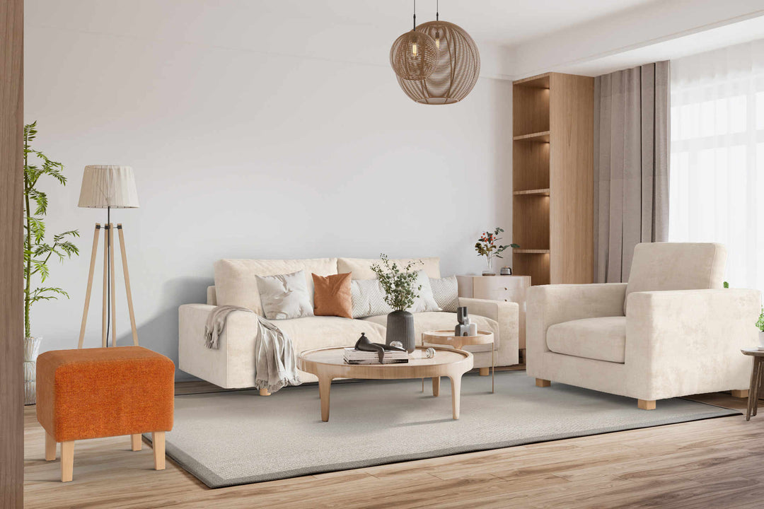 Japandi living room with Muji Wide Arm sofa in Comfort Chenille Burnt Orange and Performance Weave Cream slipcover