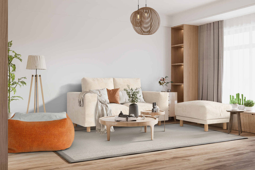 Japandi living room with Muji Wide Arm sofa in Comfort Chenille Burnt Orange and Performance Weave Cream slipcover
