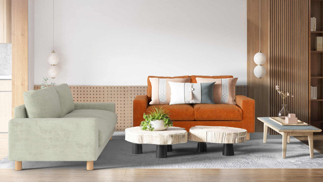Modern living room with Muji Wide Arm sofa in Performance Weave Stone and Comfort Chenille Burnt Orange slipcover
