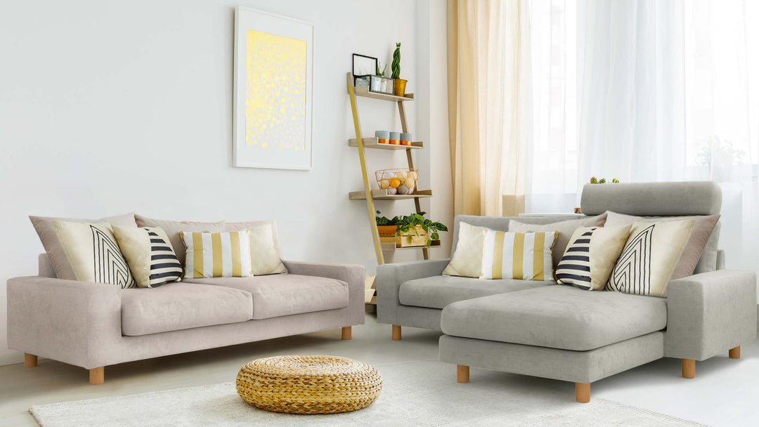 Bohemian living room with Muji Wide Arm sofa in Performance Weave Stone and Performance Weave Cream slipcover