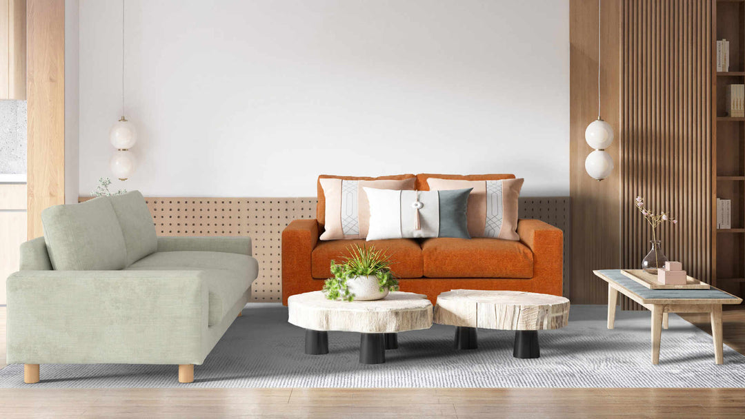 Modern living room with Muji Wide Arm sofa in Performance Weave Stone and Comfort Chenille Burnt Orange slipcover