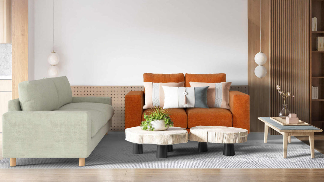 Modern living room with Muji Wide Arm sofa in Performance Weave Stone and Comfort Chenille Burnt Orange slipcover