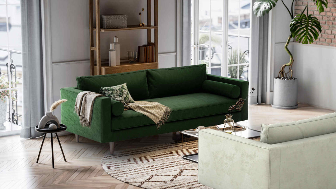 Nordic Minimalist living room with Article Sven sofa in Performance Weave Stone and Classic Velvet Forest Green slipcover