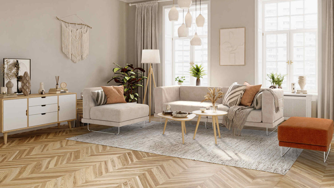 Scandinavian living room with IKEA Tylosand sofa in Performance Weave Cream and Comfort Chenille Burnt Orange slipcover