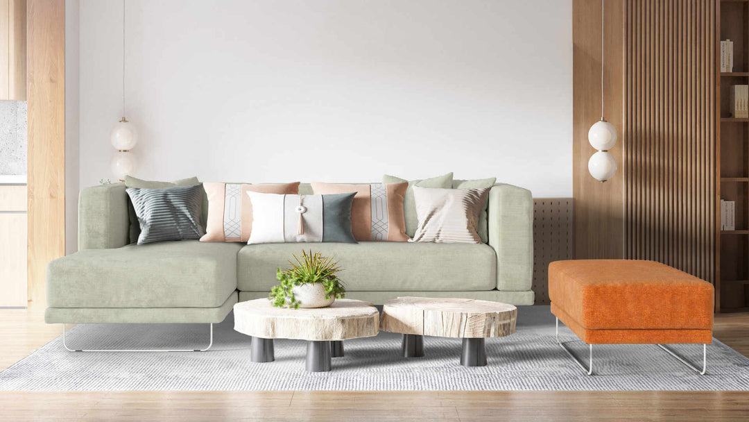 Modern living room with IKEA Tylosand sofa in Performance Weave Stone and Comfort Chenille Burnt Orange slipcover