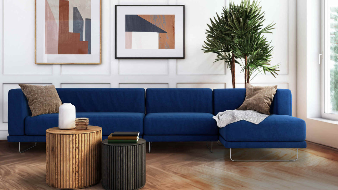 Modern Victorian living room with IKEA Tylosand sofa in Classic Velvet Cobalt slipcover