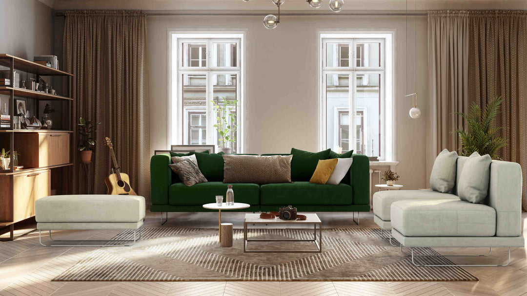Scandinavian living room with IKEA Tylosand sofa in Classic Velvet Forest Green and Performance Weave Stone slipcover