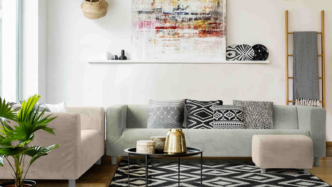 Scandinavian living room with IKEA Klippan sofa in Performance Weave Stone and Performance Weave Cream slipcover