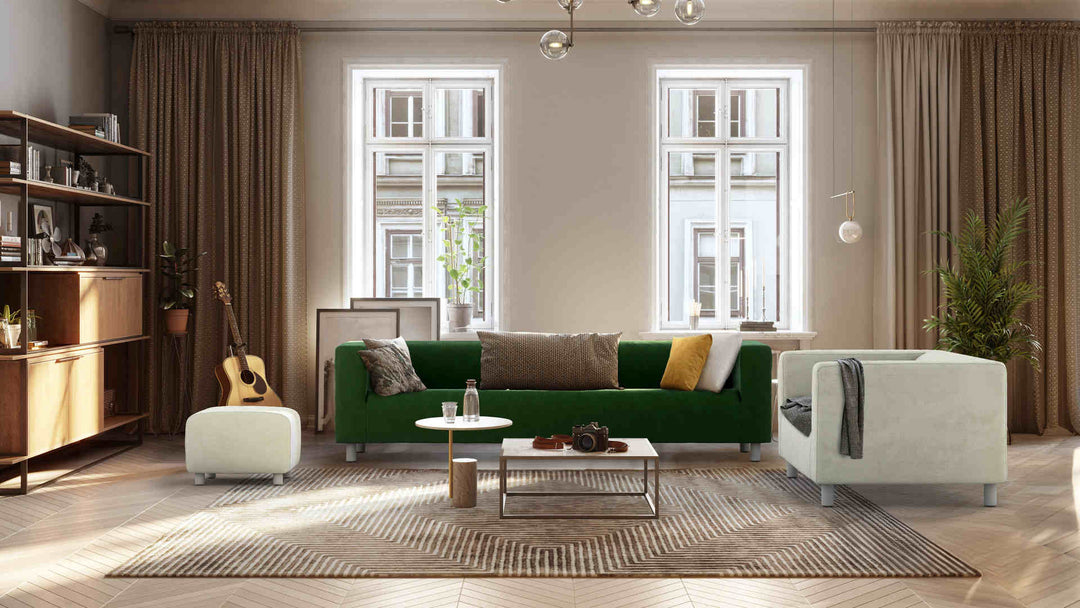 Scandinavian living room with IKEA Klippan sofa in Classic Velvet Forest Green and Performance Weave Stone slipcover