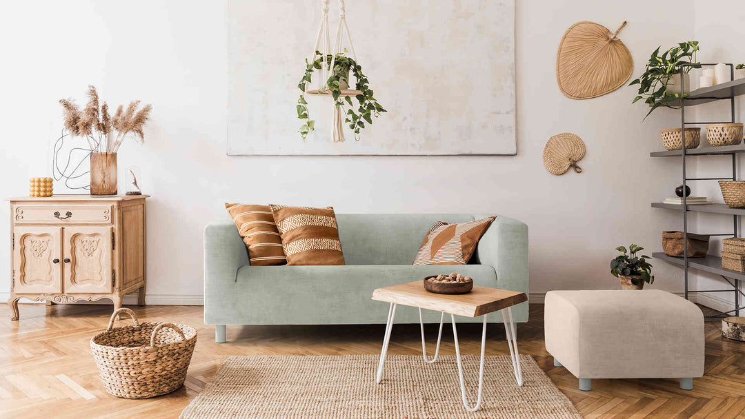 Scandinavian living room with IKEA Klippan sofa in Performance Weave Stone and Performance Weave Cream slipcover