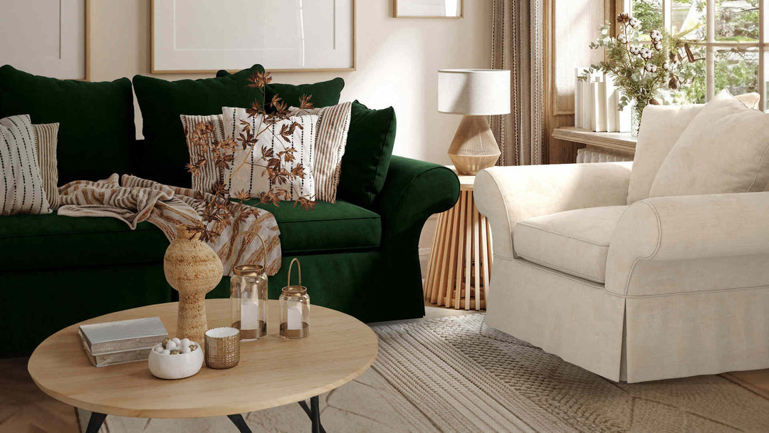 Nordic Minimalist living room with Pottery Barn Charleston sofa in Classic Velvet Forest Green and Performance Weave Cream slipcover