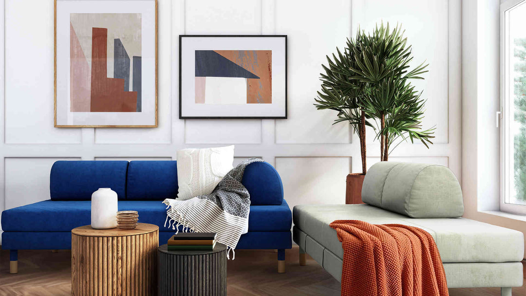 Modern Victorian living room with IKEA Flottebo sofa in Classic Velvet Cobalt and Performance Weave Stone slipcover