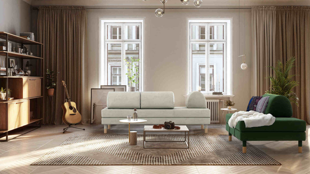 Scandinavian living room with IKEA Flottebo sofa in Classic Velvet Forest Green and Performance Weave Stone slipcover