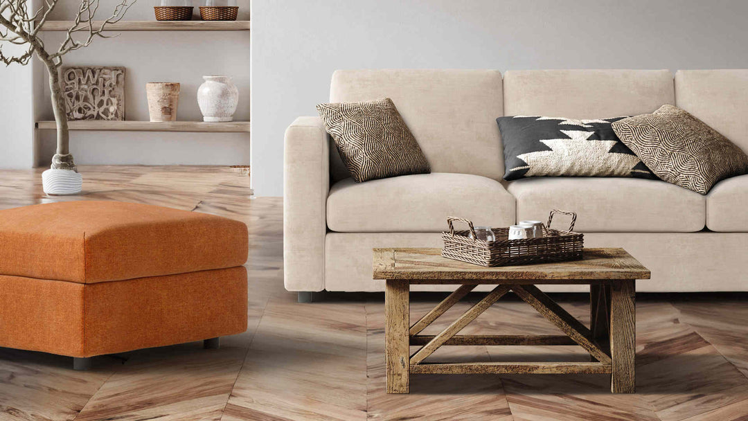 Rustic living room with IKEA Vimle sofa in Performance Weave Cream and Comfort Chenille Burnt Orange slipcover