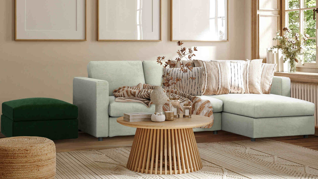 Nordic Minimalist living room with IKEA Vimle sofa in Performance Weave Stone slipcover