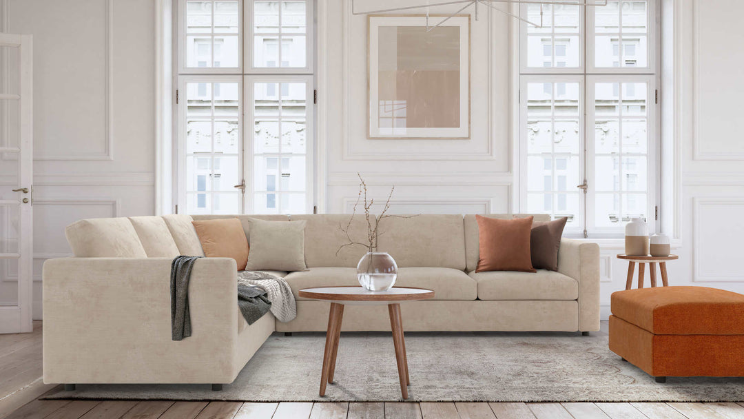 Modern Victorian living room with IKEA Vimle sofa in Performance Weave Cream and Comfort Chenille Burnt Orange slipcover
