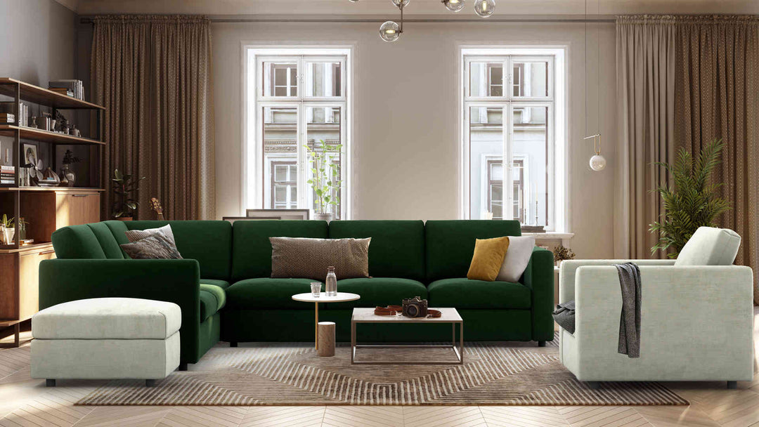 Scandinavian living room with IKEA Vimle sofa in Classic Velvet Forest Green and Performance Weave Stone slipcover