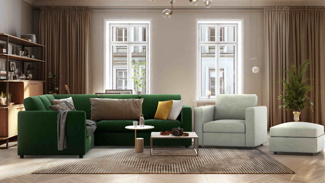 Scandinavian living room with IKEA Harlanda sofa in Performance Weave Cream and Comfort Chenille Burnt Orange slipcover