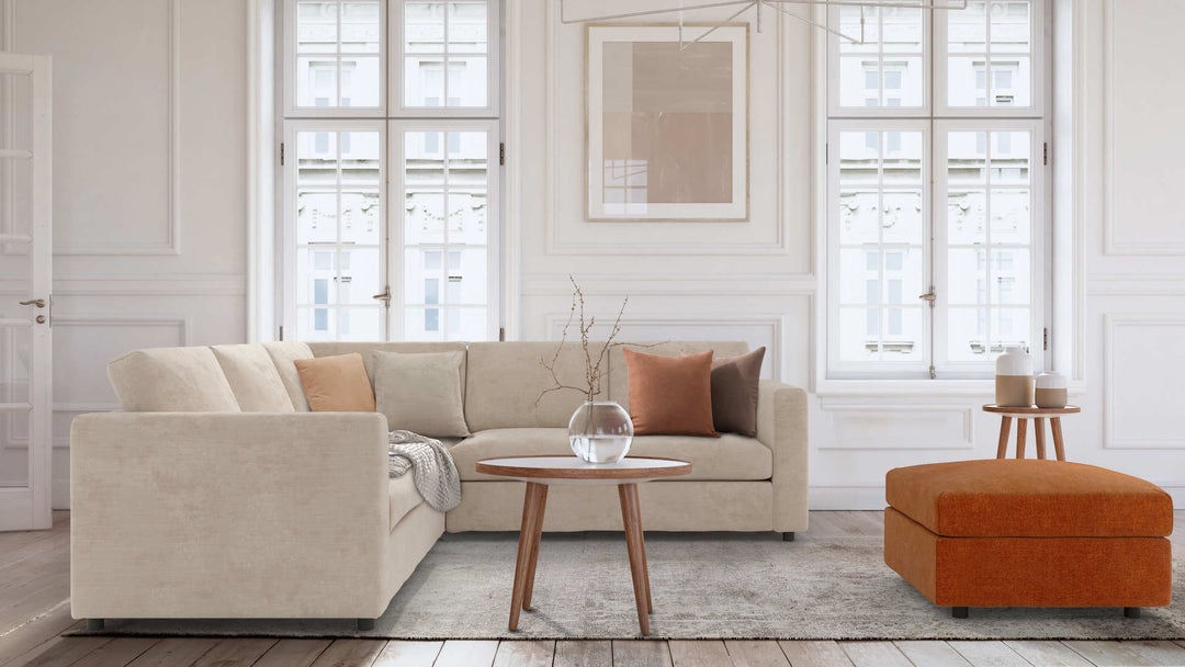 Modern Victorian living room with IKEA Vimle sofa in Performance Weave Cream and Comfort Chenille Burnt Orange slipcover