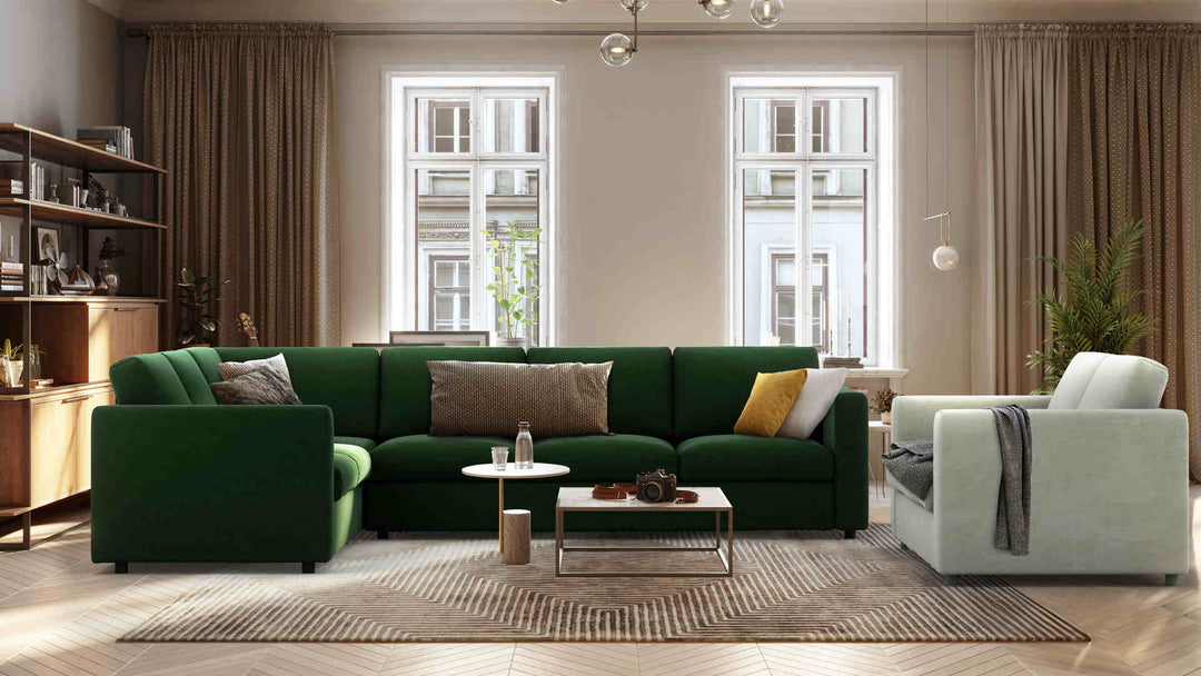 Scandinavian living room with IKEA Vimle sofa in Classic Velvet Forest Green and Performance Weave Stone slipcover
