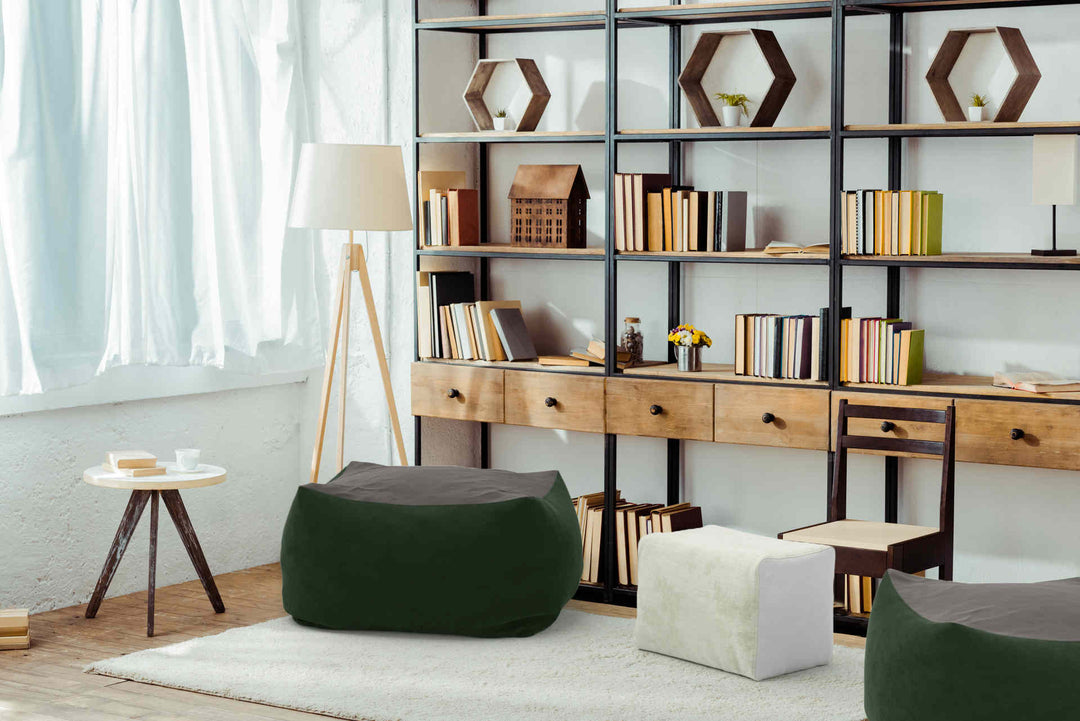 Study room with Muji Beads Sofa in Classic Velvet Forest Green and Performance Weave Stone slipcover