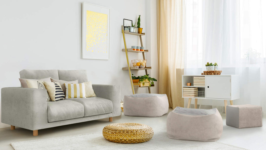 Bohemian living room with Muji Beads Sofa in Performance Weave Stone and Performance Weave Cream slipcover