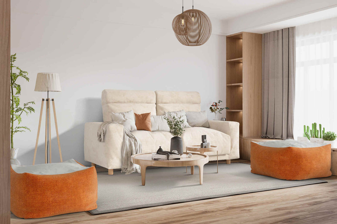 Japandi living room with Muji Beads Sofa in Comfort Chenille Burnt Orange and Performance Weave Cream slipcover