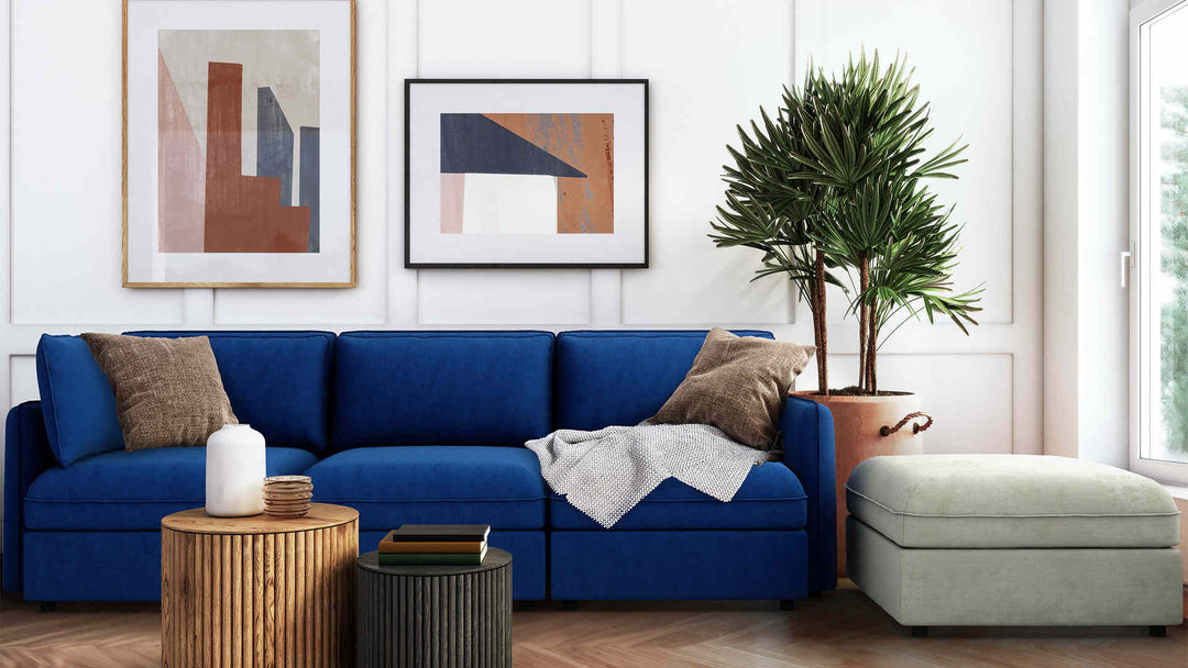 Modern Victorian living room with IKEA Vallentuna sofa in Classic Velvet Cobalt and Performance Weave Stone slipcover