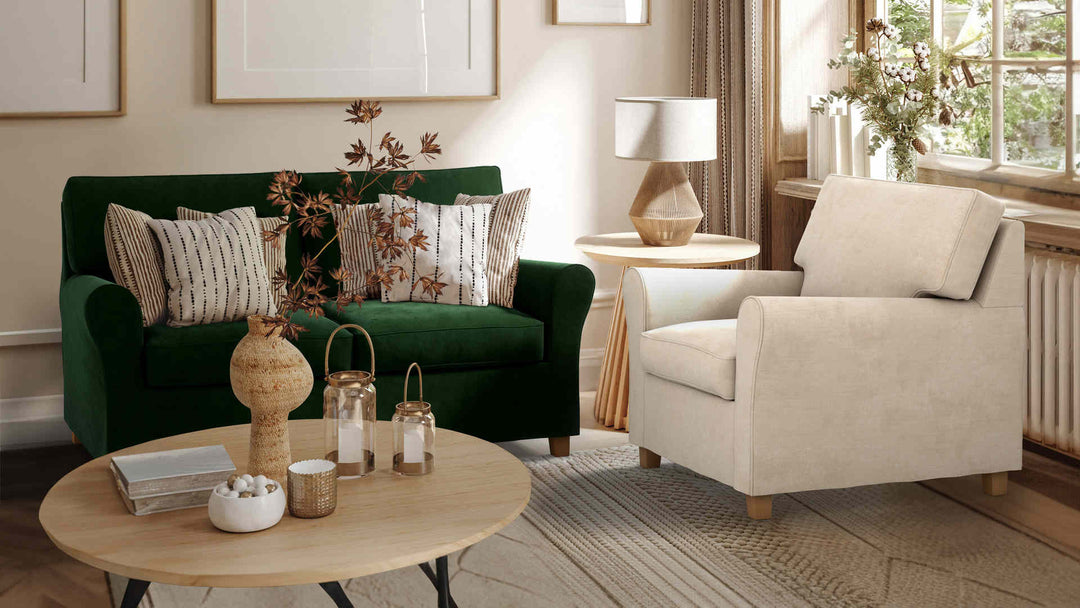 Nordic Minimalist living room with IKEA Angby sofa in Classic Velvet Forest Green and Performance Weave Cream slipcover