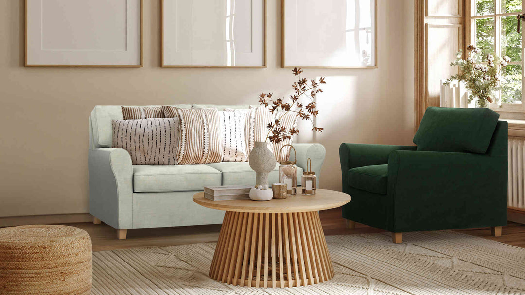 Nordic Minimalist living room with IKEA Angby sofa in Performance Weave Stone slipcover