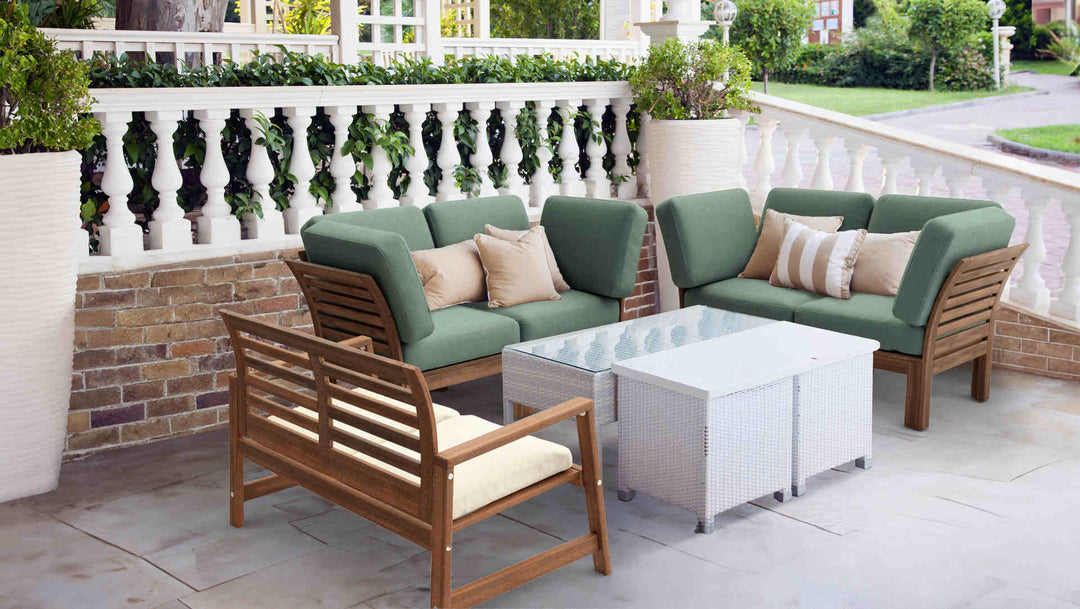 Patio with IKEA Applaro sofa in Performance Tweed Moss and Performance Knit Natural slipcover