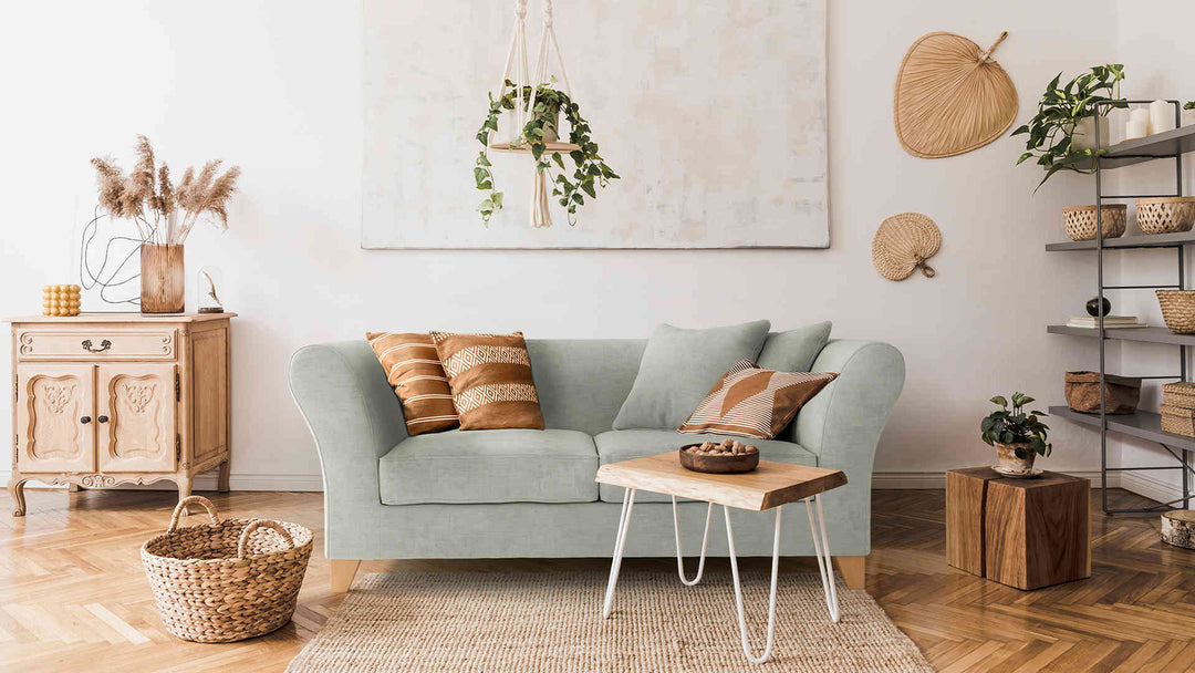 Scandinavian living room with IKEA Backa sofa in Performance Weave Stone slipcover