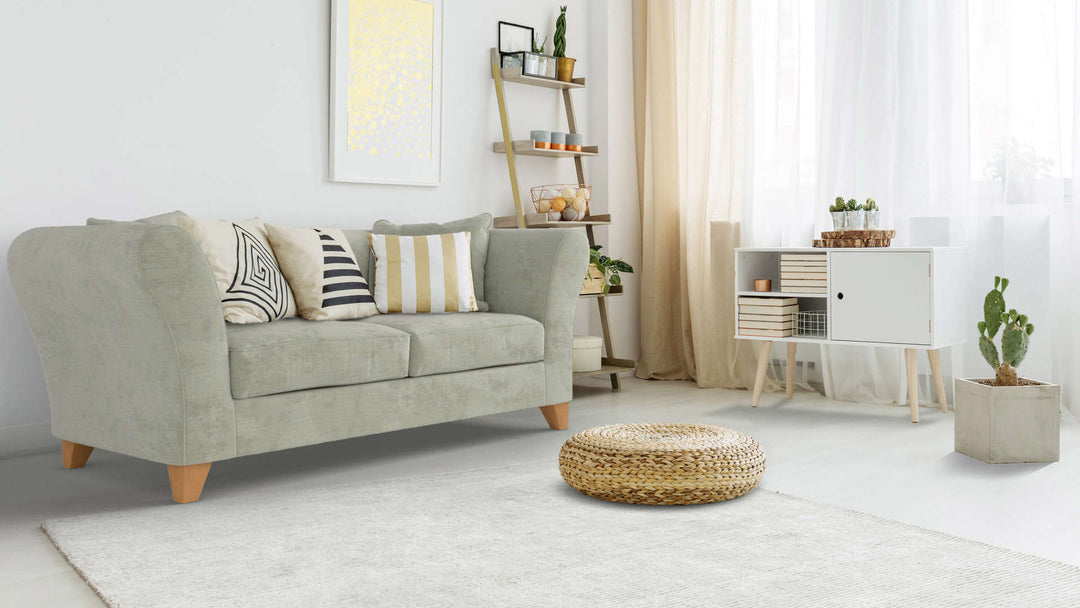 Bohemian living room with IKEA Backa sofa in Performance Weave Stone fabric slipcover