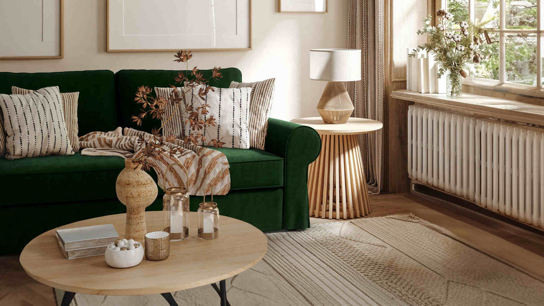 Nordic Minimalist living room with IKEA Backabro sofa in Classic Velvet Forest Green slipcover