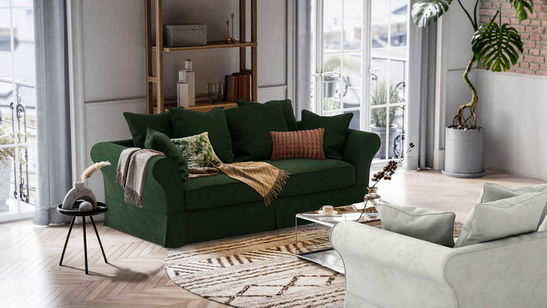 Nordic Minimalist living room with IKEA Backamo sofa in Performance Weave Stone and Classic Velvet Forest Green slipcover