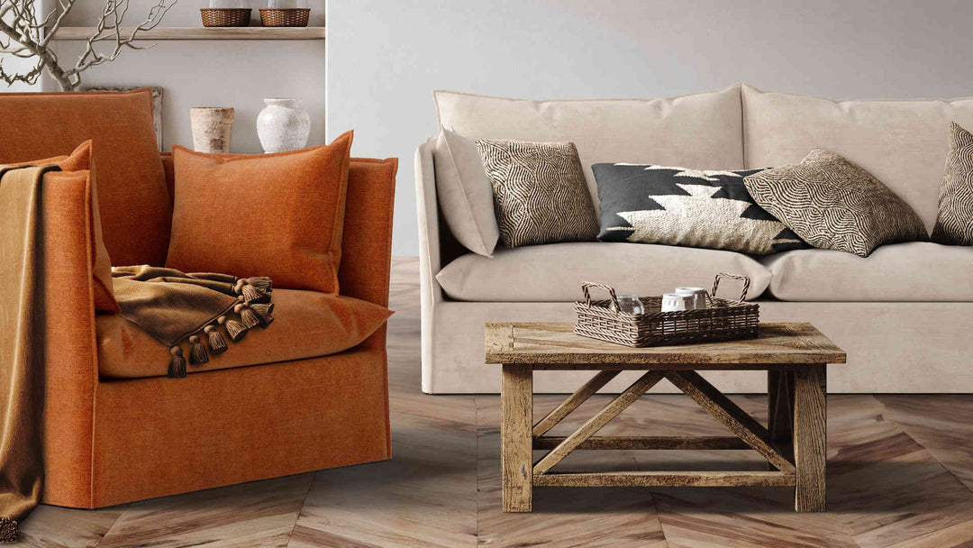 Rustic living room with IKEA Backsalen sofa in Performance Weave Cream and Comfort Chenille Burnt Orange slipcover