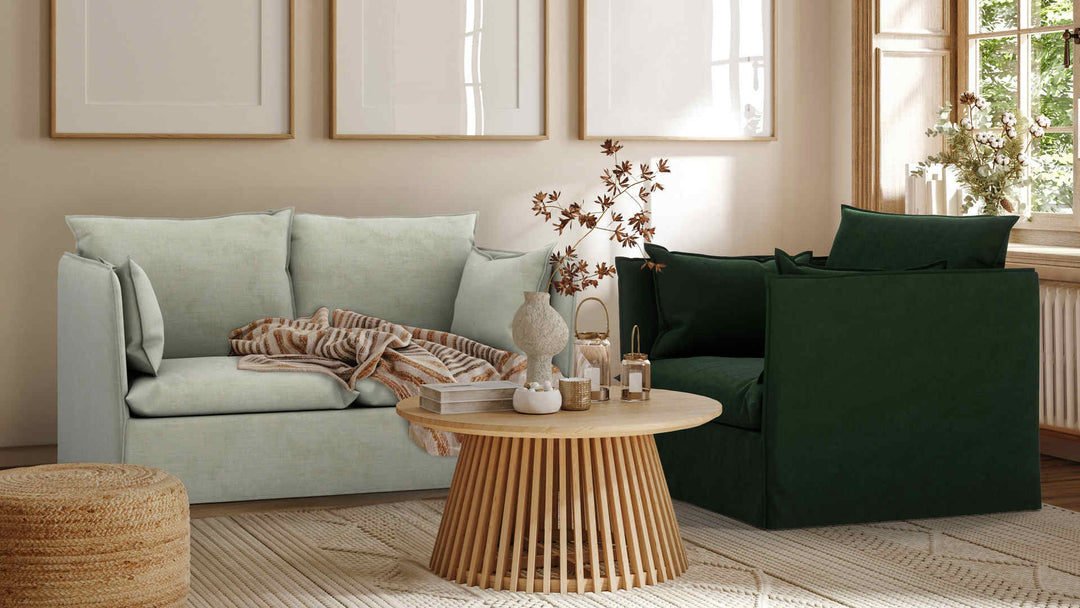 Nordic Minimalist living room with IKEA Backsalen sofa in Performance Weave Stone and Classic Velvet Forest Green slipcover