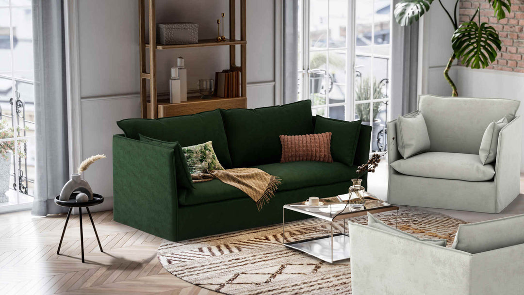 Nordic Minimalist living room with IKEA Backsalen sofa in Performance Weave Stone and Classic Velvet Forest Green slipcover