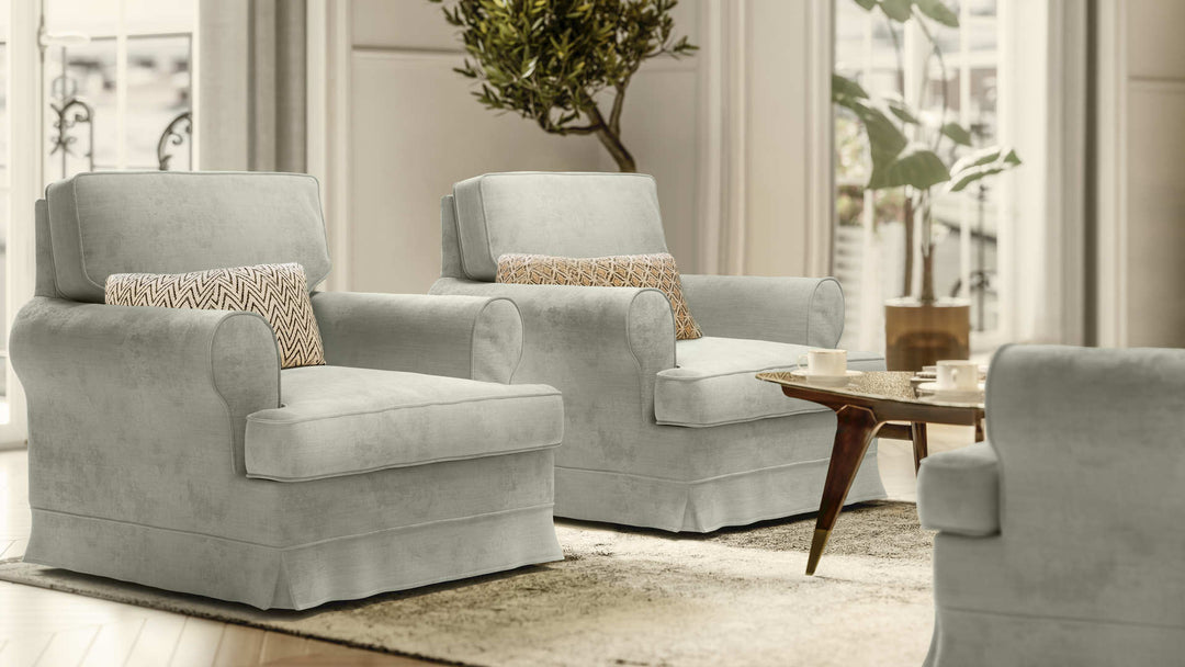 Scandinavian living room with IKEA Barkaby sofa in Performance Weave Stone slipcover