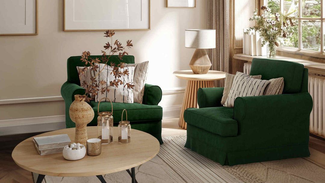 Nordic Minimalist living room with IKEA Barkaby sofa in Classic Velvet Forest Green slipcover