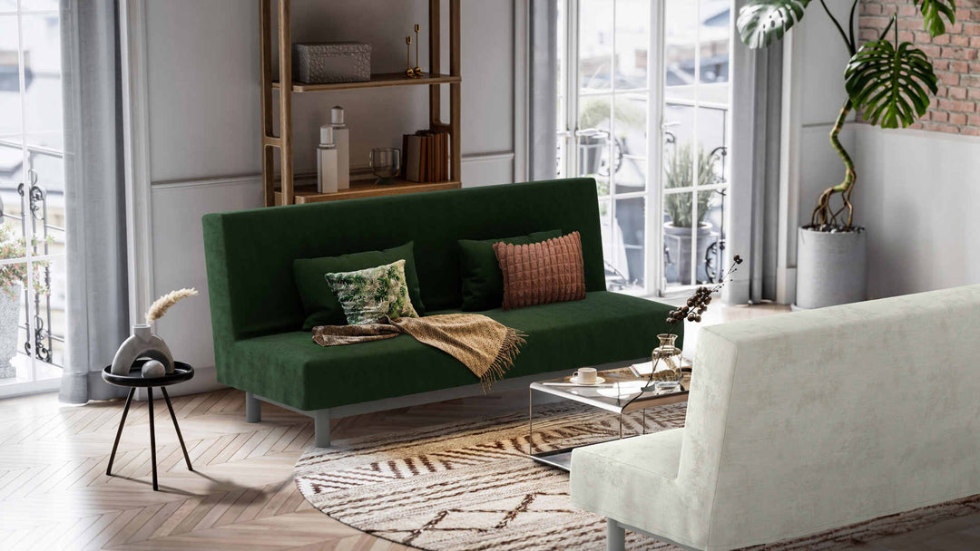 Nordic Minimalist living room with IKEA Beddinge sofa in Performance Weave Stone and Classic Velvet Forest Green slipcover