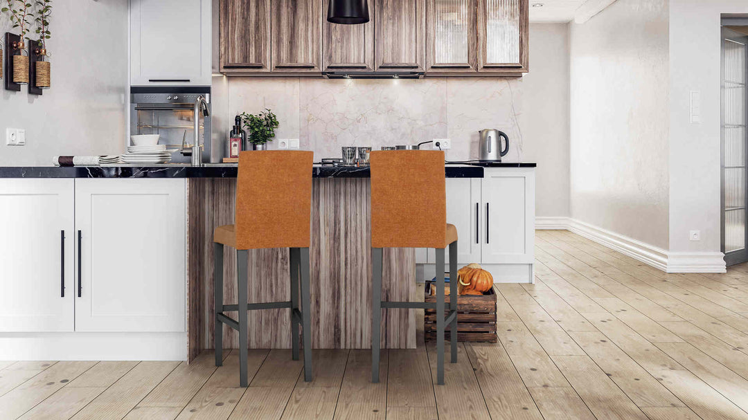 Kitchen  with IKEA Bergmund sofa in Comfort Chenille Burnt Orange fabric slipcover